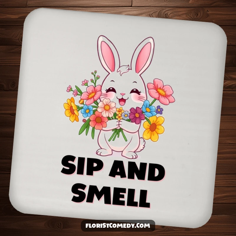 Funny rabbit character holding a flower bouquet, a humorous drink coaster for tabletops, adding floral fun, nice gift.