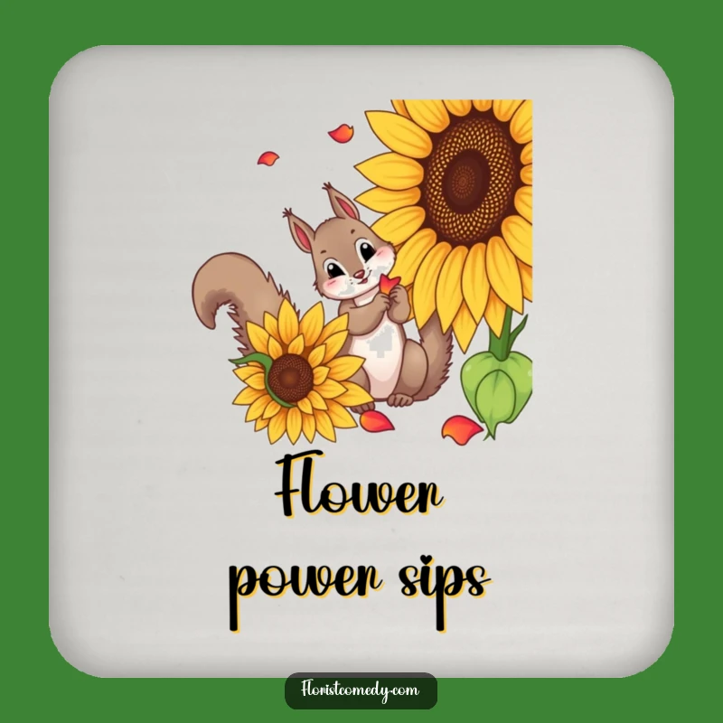 Funny Squirrel Sunflower Drink Coaster: Curious Squirrel Picking Petals, Decorative Funny Gift