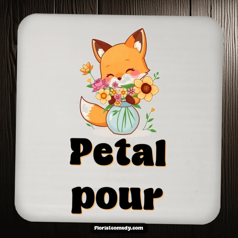 Funny fox character arranging flowers in a vase, a humorous drink coaster with artistic flair, nice gift.