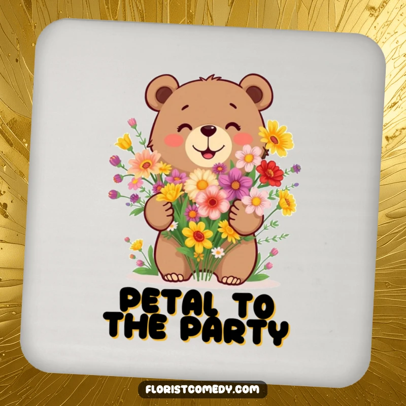 Funny bear coaster featuring a happy bear arranging a bouquet of vibrant wildflowers, adding a natural touch to drink service.