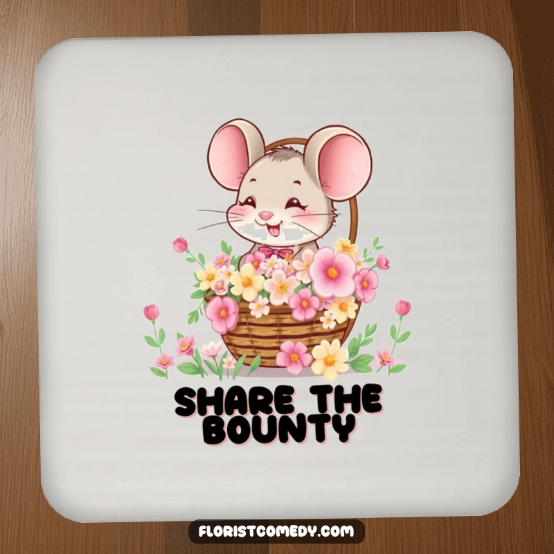 Funny drink coaster featuring a giggling mouse offering a basket of flowers, adding a whimsical and protective touch to tabletops.