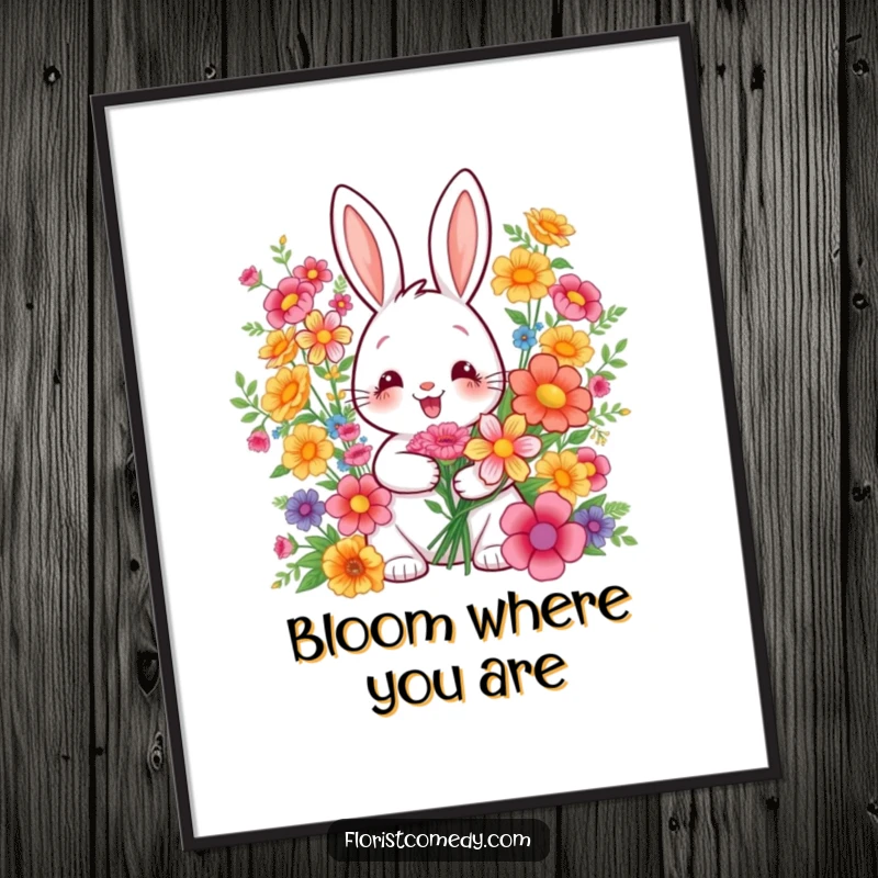 Funny poster of a beaming rabbit skillfully arranging a vibrant, colorful bouquet of flowers, adding cheer to wall decor.