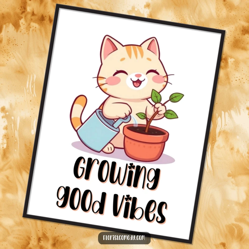 Funny cat poster of a cheerful cat smiling while watering a tiny green sapling, a humorous piece of funny plant-themed wall art.