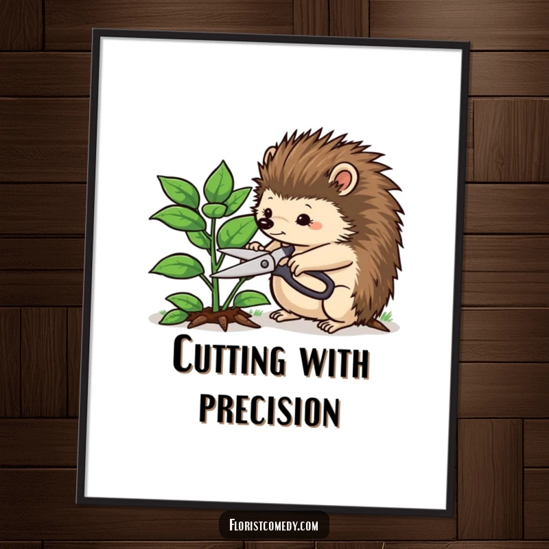 Funny hedgehog poster of a determined hedgehog using pruning shears to trim a leafy plant, a humorous piece of funny garden art.