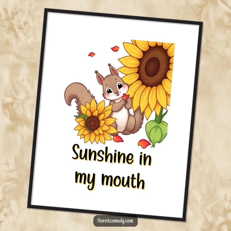 Funny squirrel poster of a curious squirrel picking petals from a large sunflower, a humorous and vibrant piece of nature art.