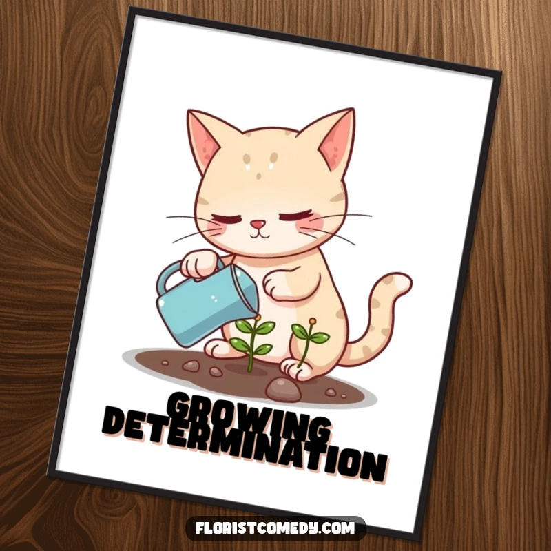 Funny determined cat watering a small plant with a miniature can, a humorous art print for plant lovers, ideal gift.