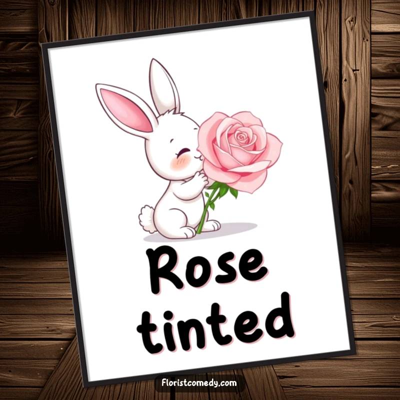 Funny curious bunny delightedly smelling a large rose, a whimsical and humorous art print for home decor, ideal gift.