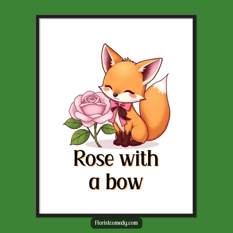 Funny Fox Florist Poster: Playful Fox Tying Ribbon on Rose, Elegant Funny Gift for Art Lovers