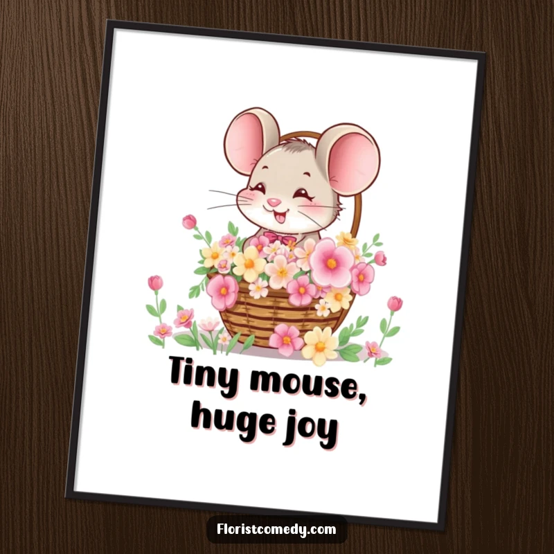 Funny poster of a giggling mouse offering a basket overflowing with colorful flowers, adding cheer and whimsy to wall decor.