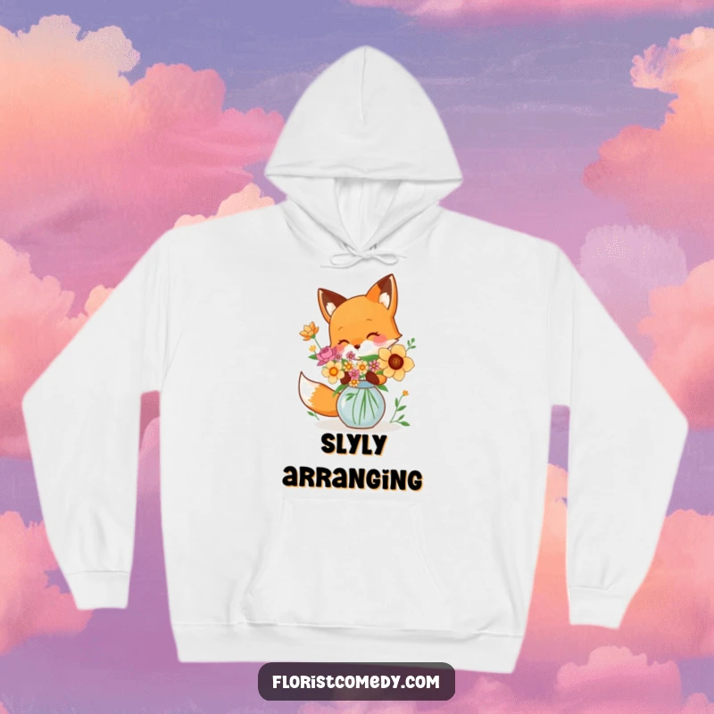Funny fox arranging flowers in a vase, a warm and humorous hoodie for creative souls, excellent gift.