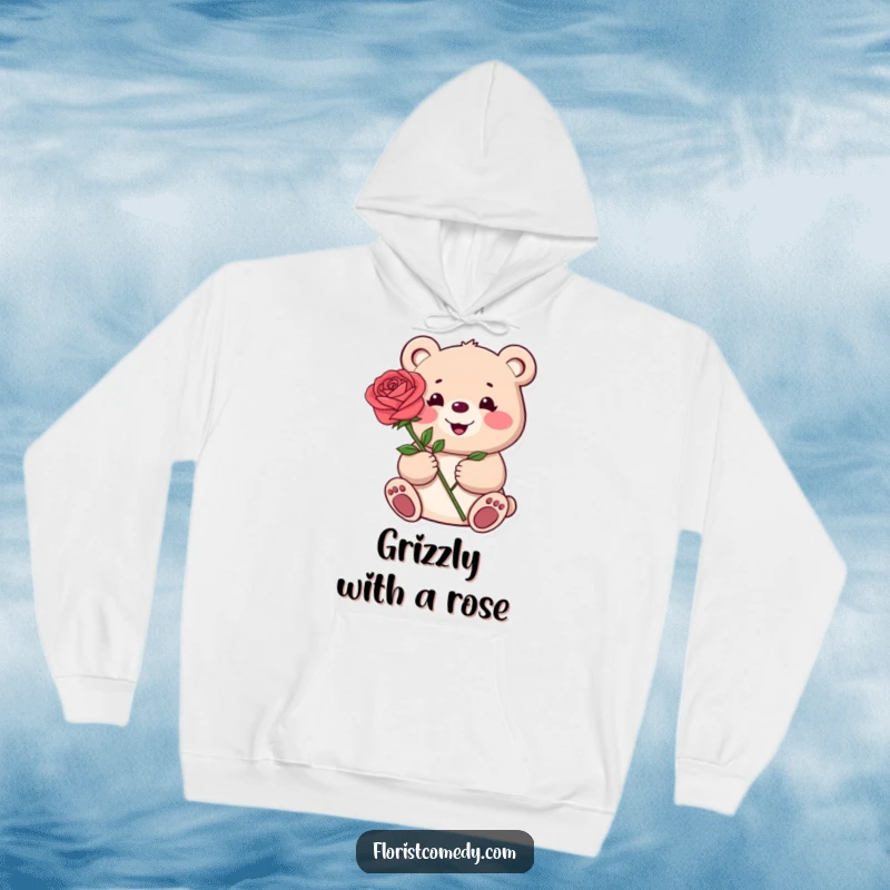 Funny hoodie with a delightful bear offering a vibrant rose, providing cozy comfort and a touch of sweet romance.