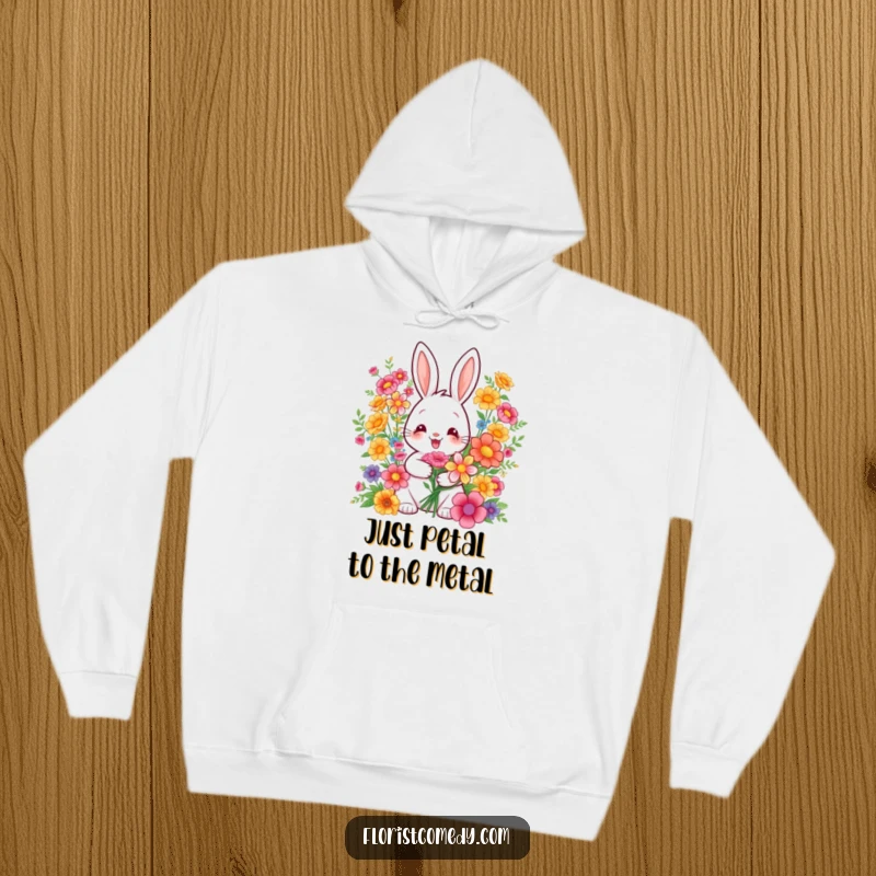 Funny hoodie depicting a happy rabbit artist creating beautiful floral bouquets, offering warmth and cheerful vibes. Ideal present.
