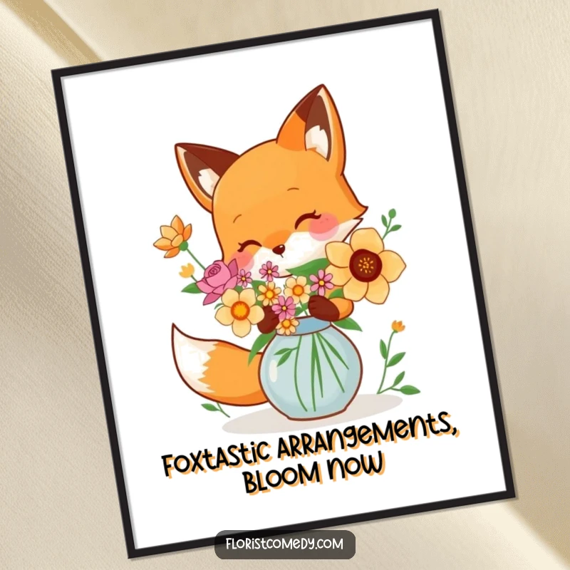 Funny Free Printable Wall Art: A playful fox is shown carefully placing colorful blooms into a stylish vase.