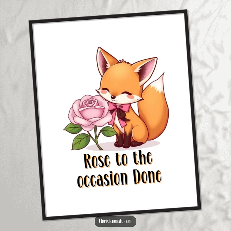 Funny Free Printable Wall Art: A clever fox delicately tying a ribbon around a vibrant rose, adding charm to any wall.