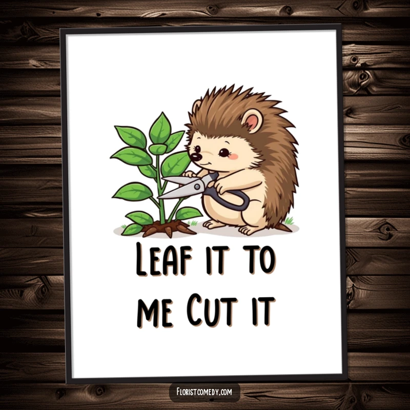 Funny Free Printable Wall Art: A determined hedgehog meticulously trimming a leafy plant with pruning shears, adding character to walls.