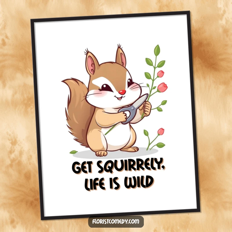 Funny Free Printable Wall Art: Curious squirrel intently snipping stems with tiny shears, surrounded by greenery.