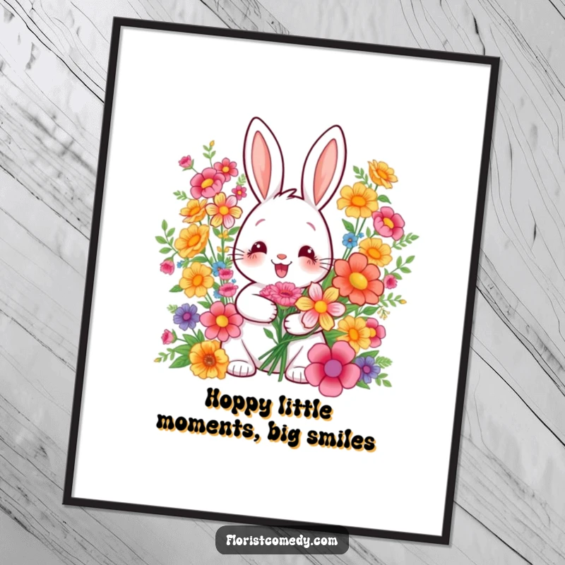 Funny Free Printable Wall Art: Cheerful rabbit beaming while arranging a large, colorful, and beautiful bouquet of flowers.
