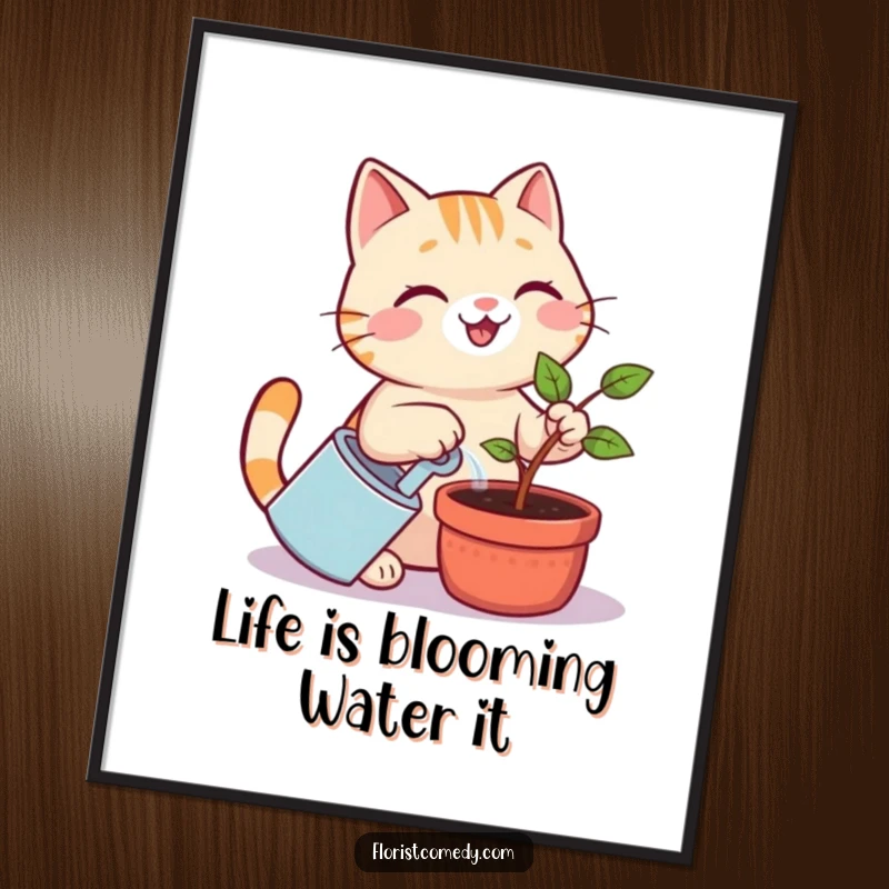 Funny Free Printable Wall Art: A happy cat with a smile waters a tiny potted sapling, bringing joy to any room.