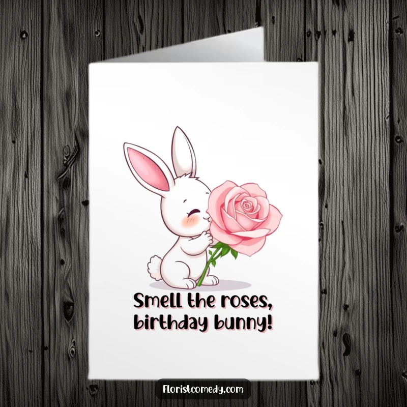 Funny Free Printable Birthday Card: A curious bunny delights in smelling a large, fragrant pink rose.
