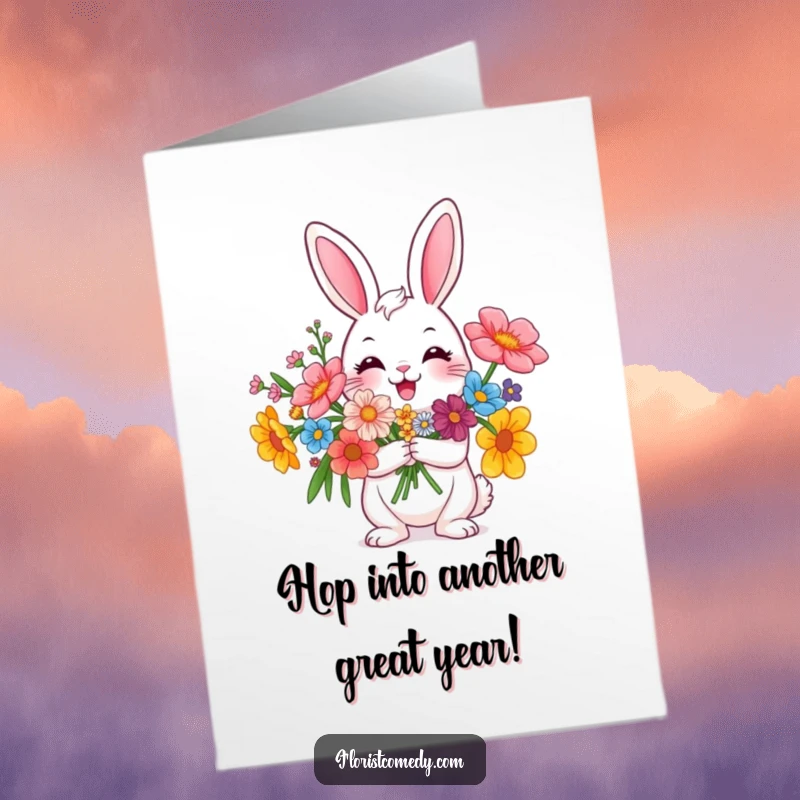 Funny Free Printable Birthday Card: A joyful rabbit beams brightly while holding a big bouquet of colorful flowers.