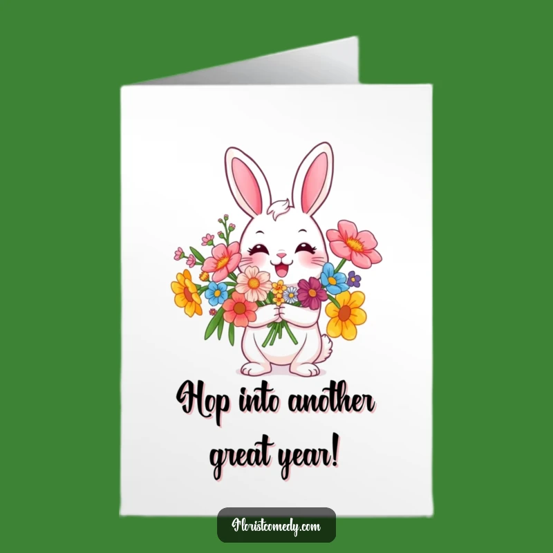 Free Printable Birthday Card: Cheerful Rabbit Flowers - Funny Downloadable Gift