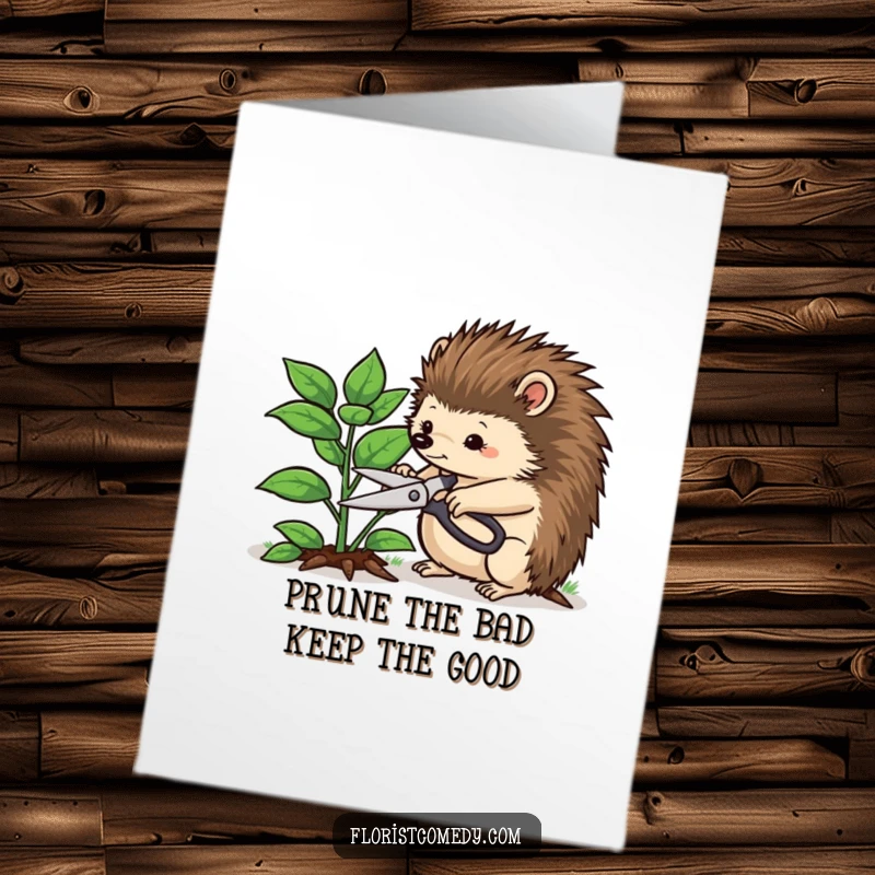 Funny Free Printable Birthday Card: A determined hedgehog with pruning shears trimming a leafy plant, celebrating a focused birthday.