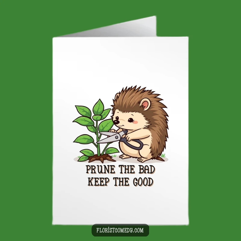 Free Printable Birthday Card: Hedgehog Trims Plant, Focused & Funny Greeting