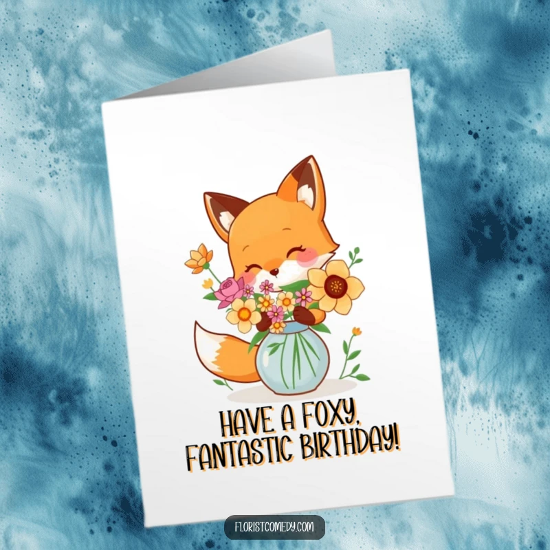 Funny Free Printable Birthday Card: A playful fox carefully arranges colorful flowers into a vase with a smile.