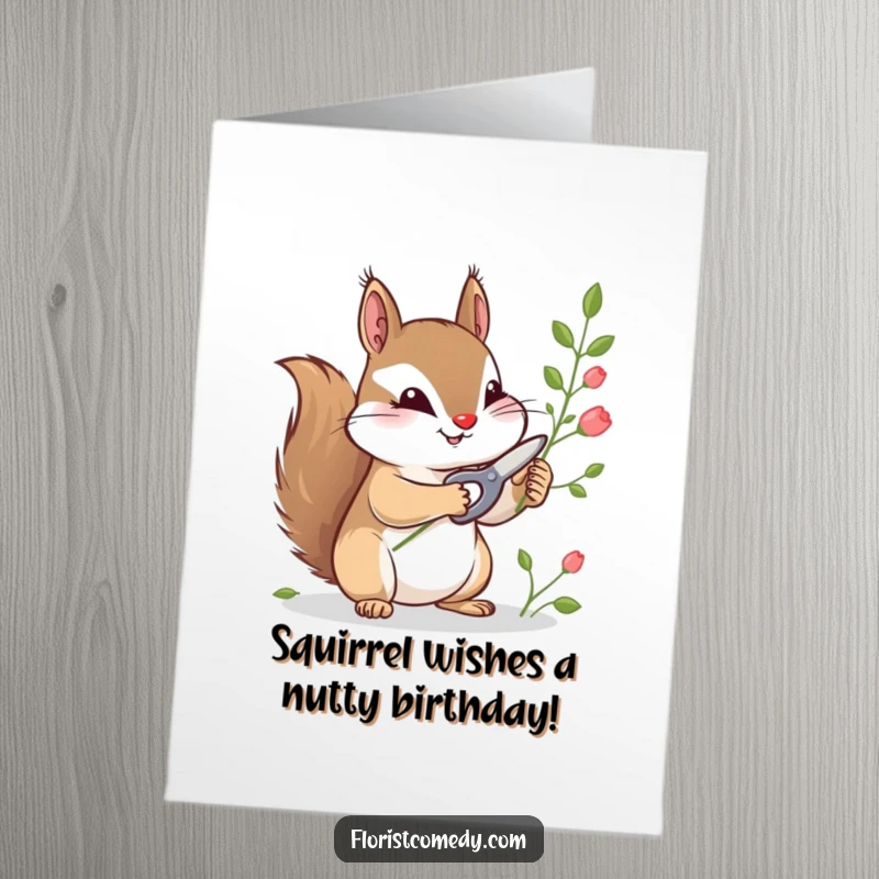 Funny Free Printable Birthday Card: Curious squirrel focused on snipping stems with tiny shears, about to craft something.