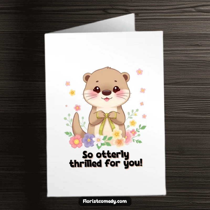 Funny Free Printable Congrats Card: Adorable otter expertly tying a ribbon on a beautiful floral bouquet, perfect for any celebration.