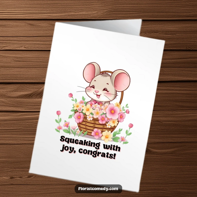 Funny Free Printable Congratulations Card: Giggling mouse offering a large basket overflowing with a colorful assortment of flowers.