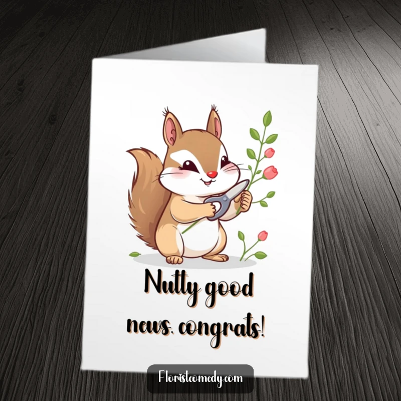 Funny Free Printable Congratulations Card: Curious squirrel carefully snipping flower stems with tiny shears, symbolizing growth.