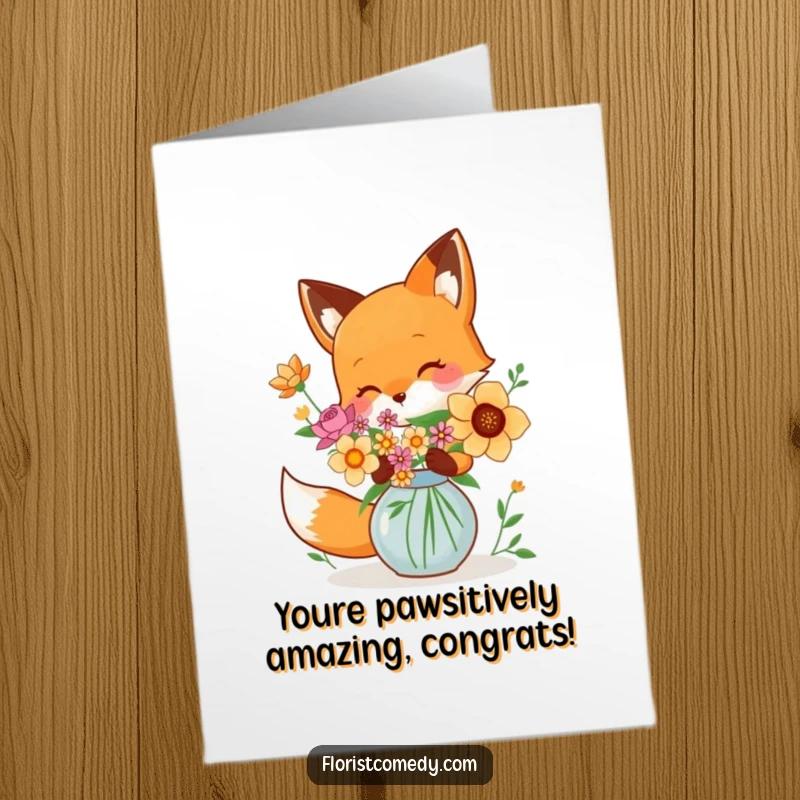 Funny Free Printable Congratulations Card: A playful fox artfully arranges vibrant flowers in a vase, celebrating success.