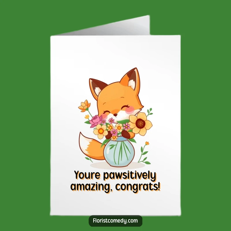 Free Printable Congrats Card: Playful Fox Flowers - Funny Downloadable Gift