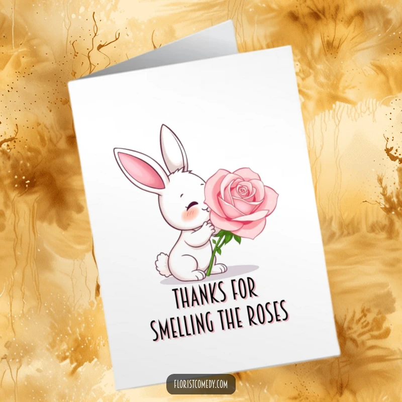 Funny Free Printable Thank You Card: A curious bunny is entranced by the delightful fragrance of a large rose.