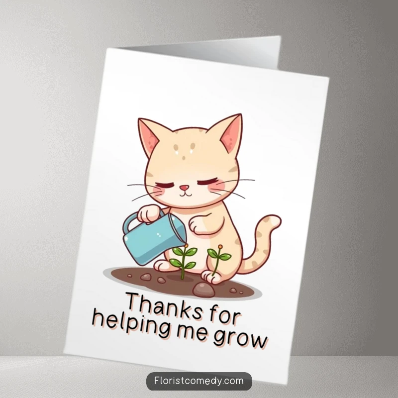 Funny Free Printable Thank You Card: A determined cat waters a tiny seedling with a miniature watering can.