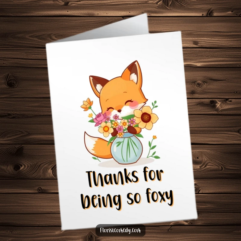 Funny Free Printable Thank You Card: A playful fox meticulously arranges a colorful flower arrangement in a vase.