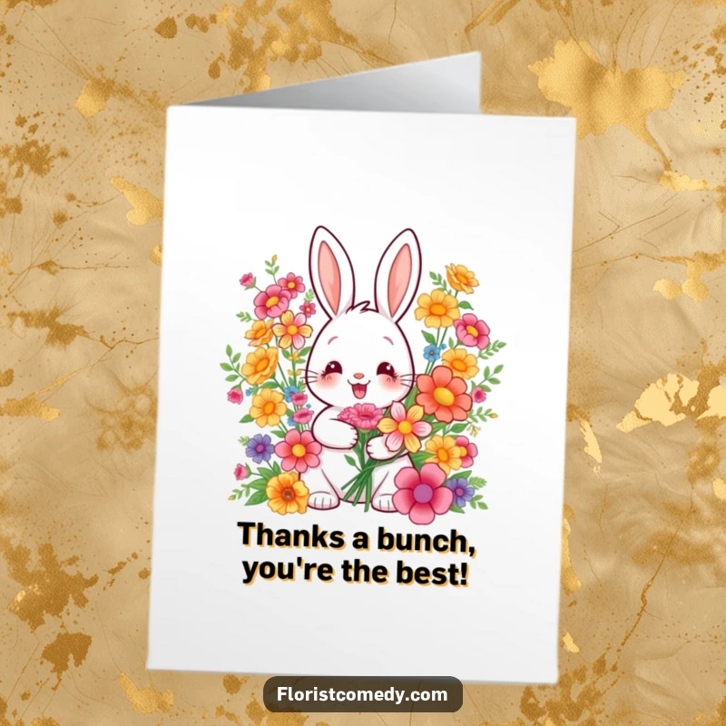 Funny Free Printable Thank You Card: Cheerful rabbit artistically arranging colorful bouquets, a perfect way to say thanks.