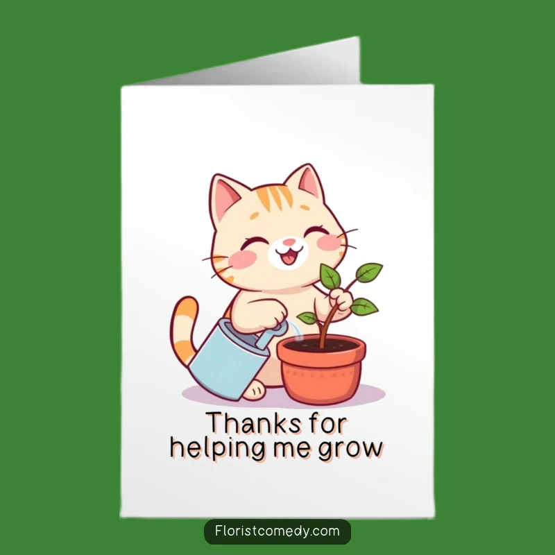 Free Printable Thank You Card: Smiling Cat Waters Plant, Grateful & Funny Design