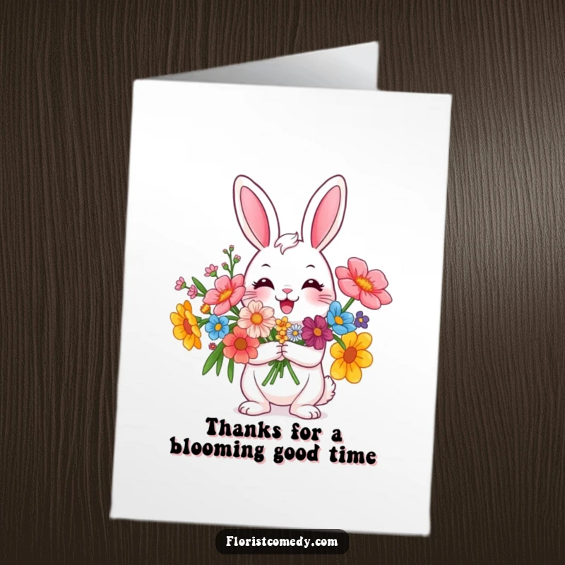 Funny Free Printable Thank You Card: A smiling rabbit holds a stunning bouquet of flowers, conveying thanks.