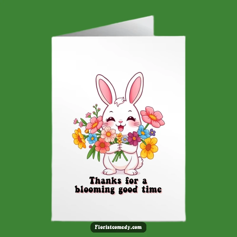 Free Printable Thank You Card: Happy Rabbit Flowers - Funny Downloadable Gift