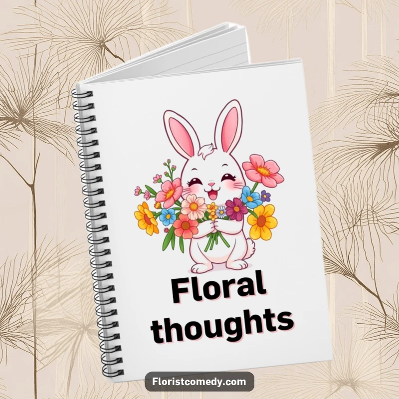 Funny rabbit character holding a bouquet of flowers, a humorous notebook for jotting down thoughts and ideas, useful gift.