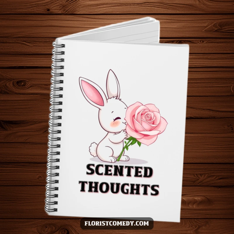 Funny bunny smelling a large rose, a humorous notebook for jotting down thoughts and ideas, useful gift.