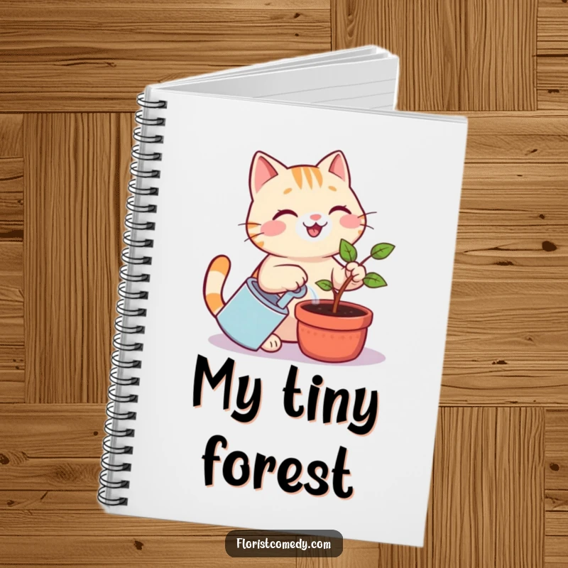 Funny cat notebook with a cheerful cat smiling while watering a sapling, perfect for journaling funny thoughts or plant care notes.