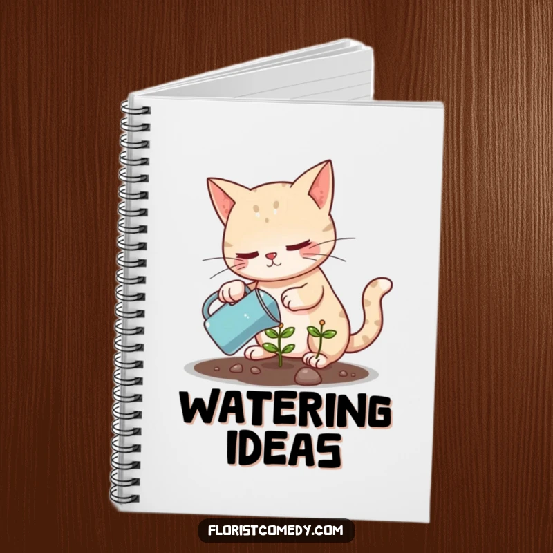 Funny cat watering a tiny plant, a humorous notebook for jotting down plans and ideas, useful gift.