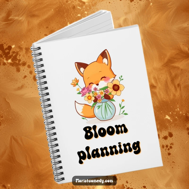 Funny fox arranging flowers in a vase, a humorous notebook for creative notes and sketches, useful gift.