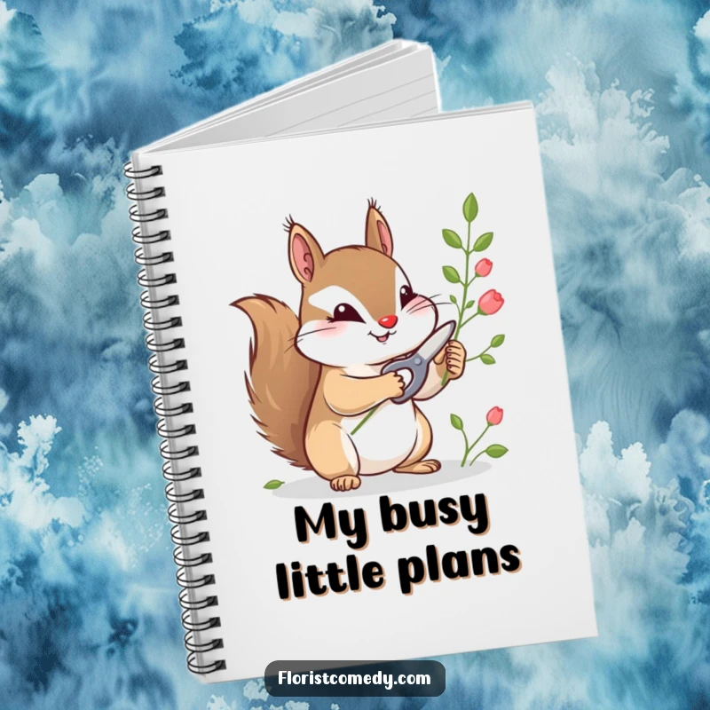 Funny notebook with a curious squirrel using tiny shears to snip stems, perfect for journaling, notes, or garden plans.