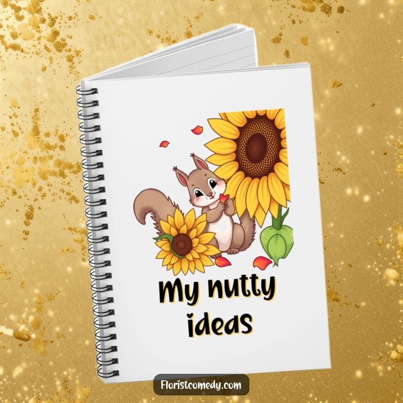 Funny squirrel notebook with a curious squirrel picking petals from a sunflower, perfect for journaling nature observations or funny thoughts.