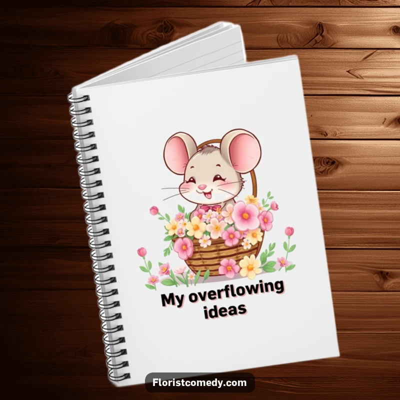 Funny notebook with a giggling mouse offering a basket brimming with flowers, perfect for journaling, notes, or creative writing.