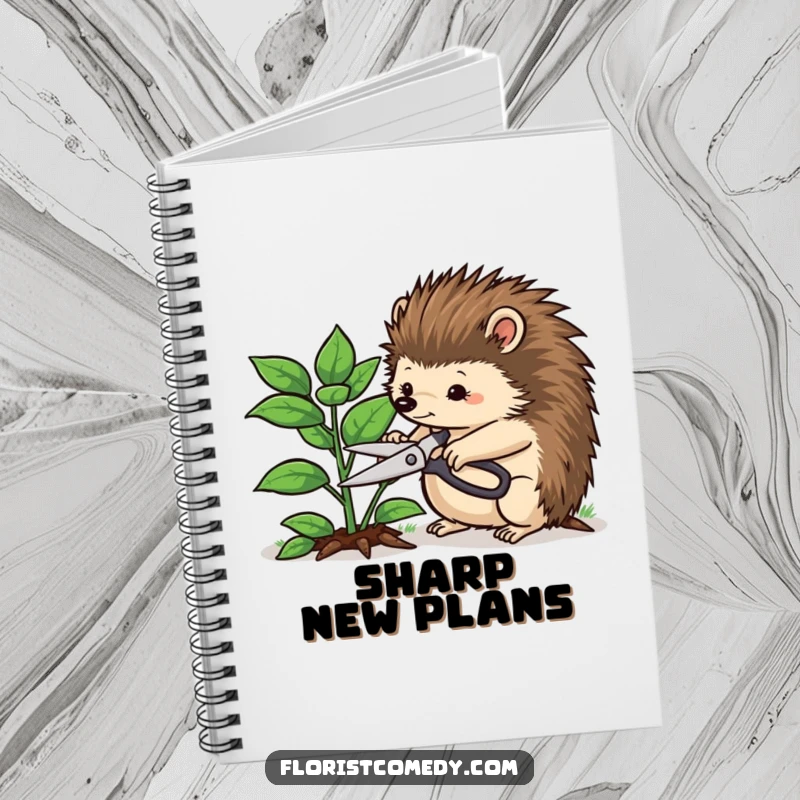 Funny hedgehog notebook with a determined hedgehog trimming a plant with shears, perfect for journaling gardening plans or funny thoughts.